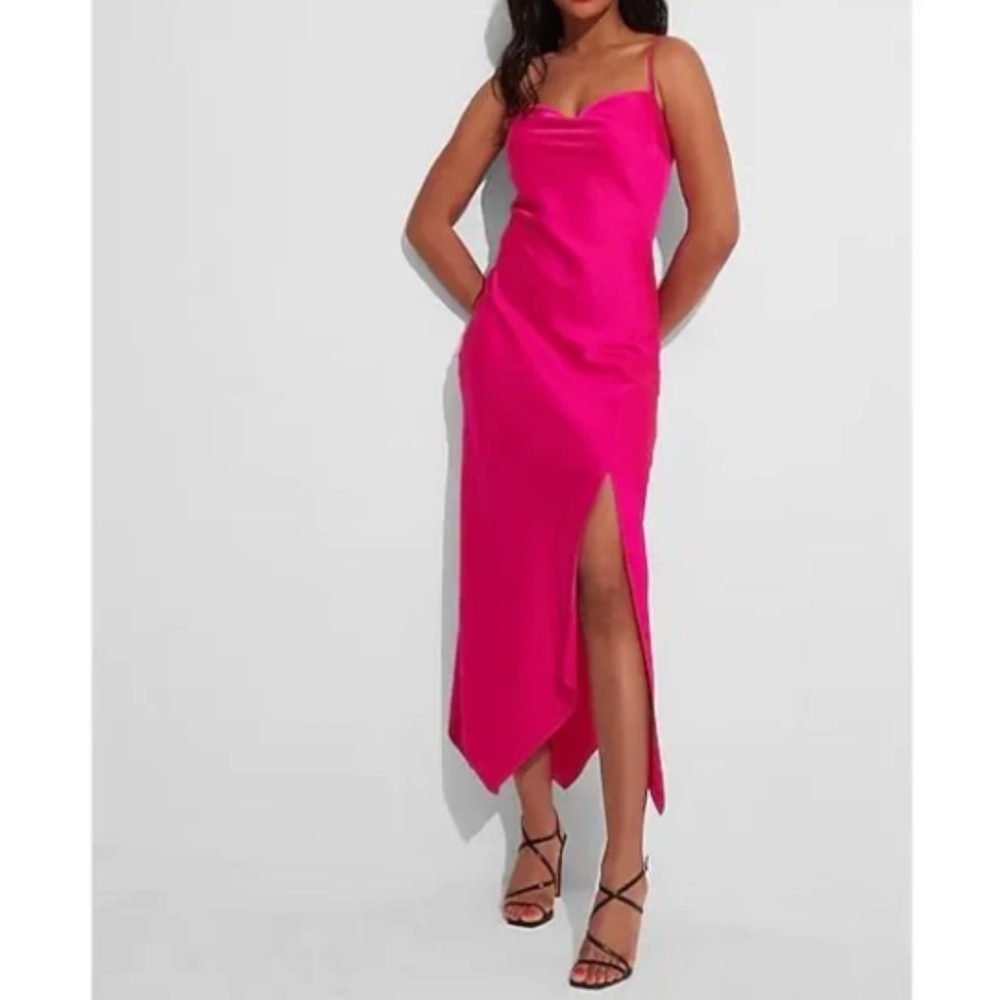 Satin Cowl Neck Asymmetrical Hem Maxi Slip Dress in Pink